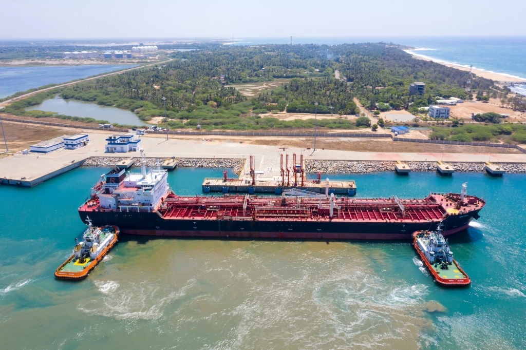 COLOMBO, April 2, 2020 .Aerial photo taken on April 2, 2020 shows the Marshall Islands-based Mt. Melody bunkering ship arriving at Hambantota International Port, Sri Lanka.